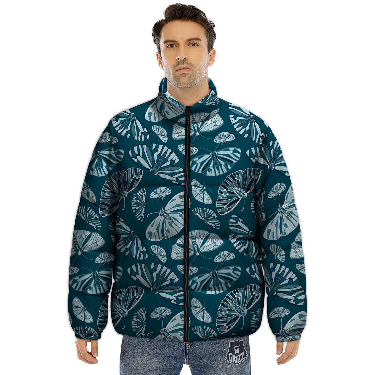 Butterfly Turquoise Print Pattern Puffer Jacket-grizzshop