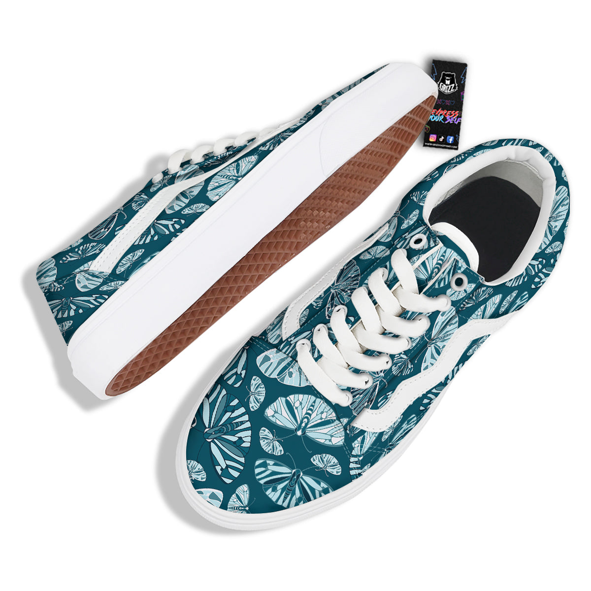 Butterfly Turquoise Print Pattern Skate Shoes-grizzshop
