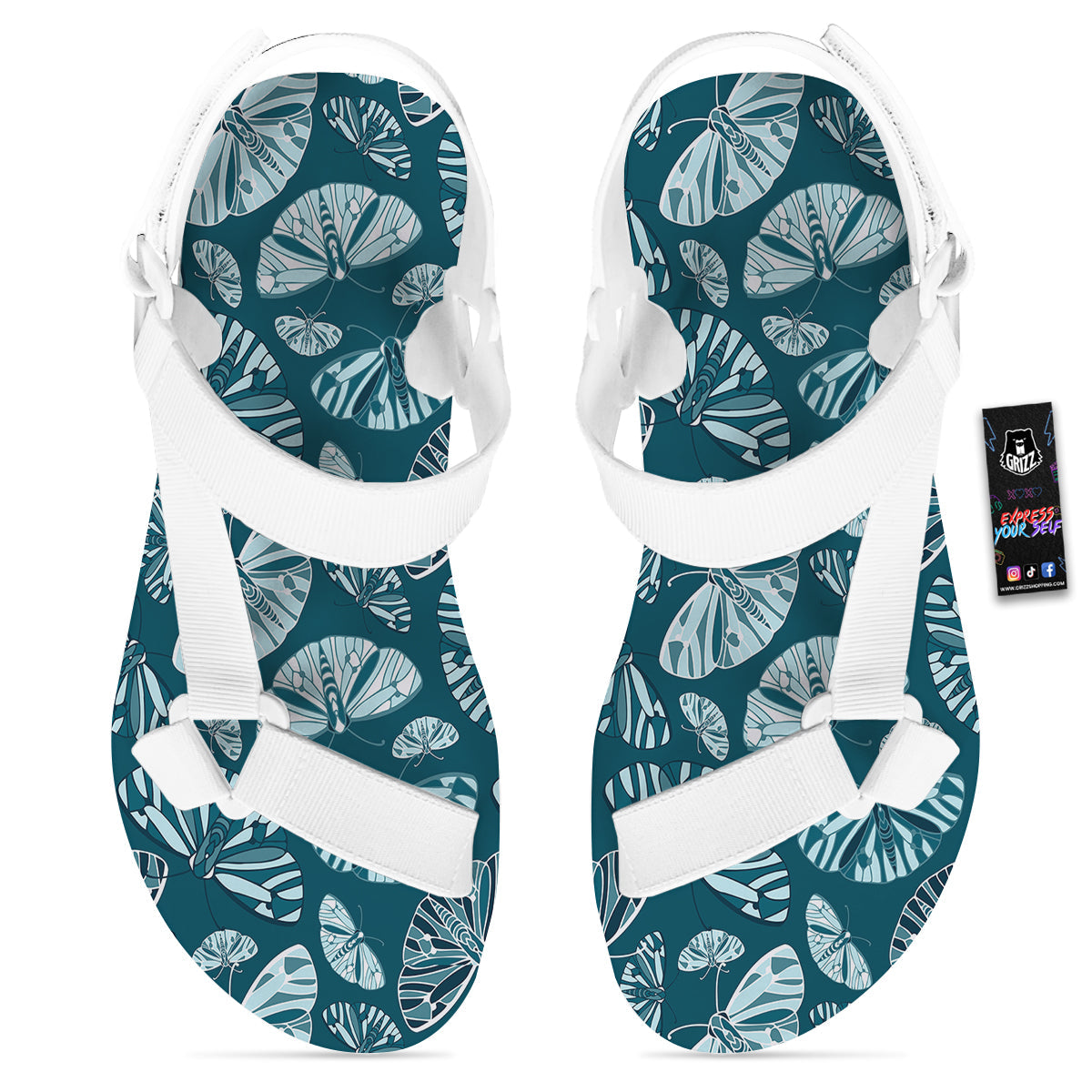 Butterfly Turquoise Print Pattern White Open Toe Sandals-grizzshop