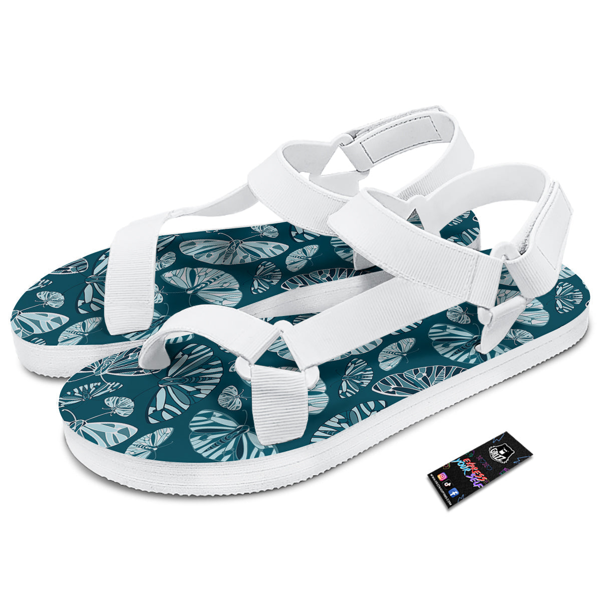 Butterfly Turquoise Print Pattern White Open Toe Sandals-grizzshop