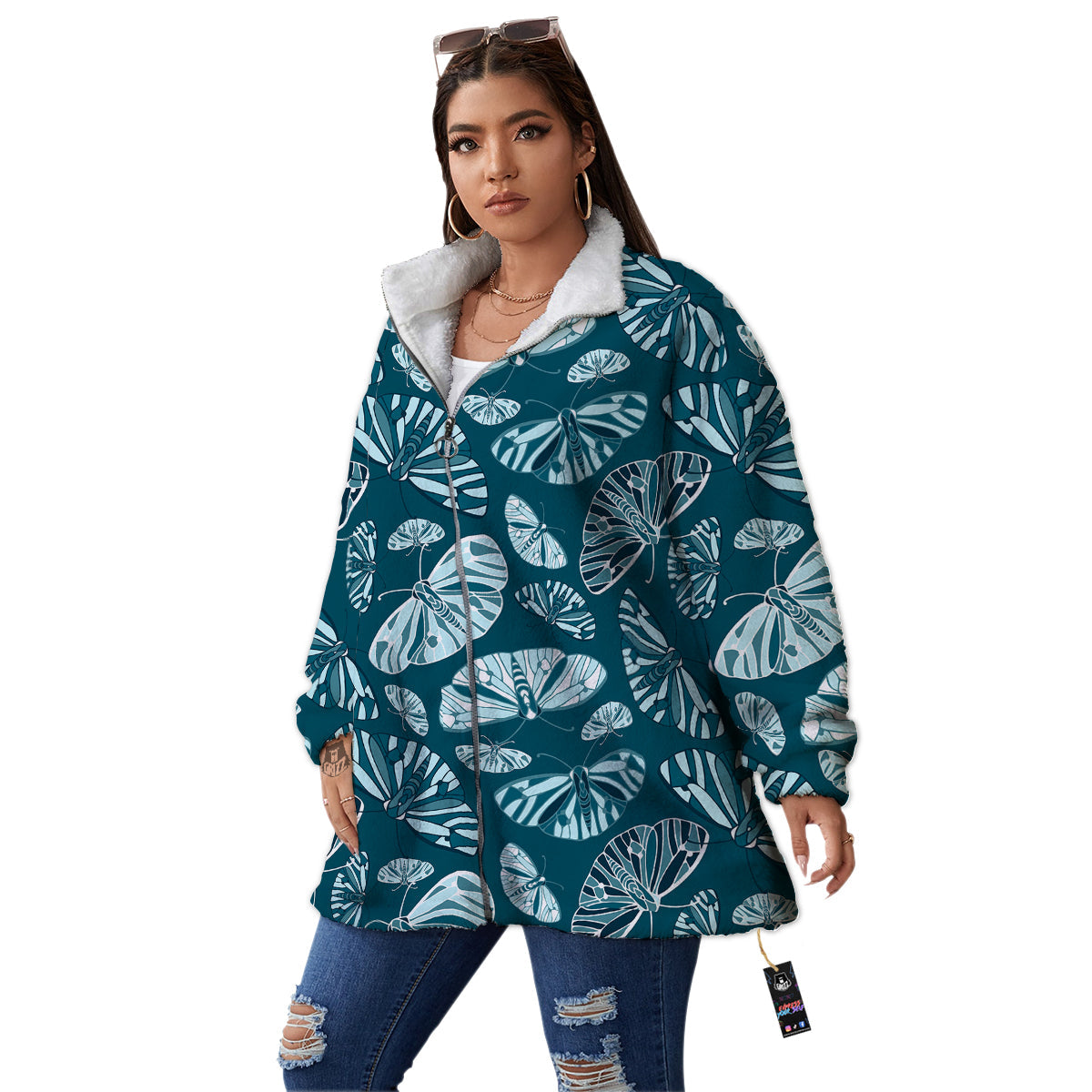 Butterfly Turquoise Print Pattern Women's Sherpa Jacket-grizzshop