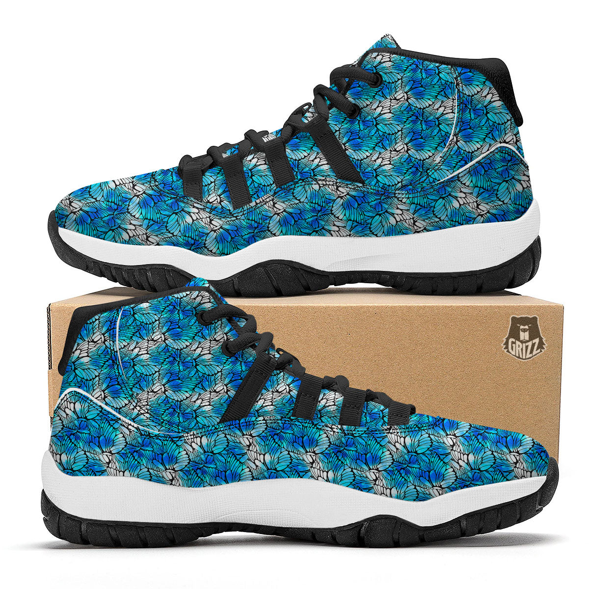 Butterfly Watercolor Blue Print Pattern Black Bball Shoes-grizzshop