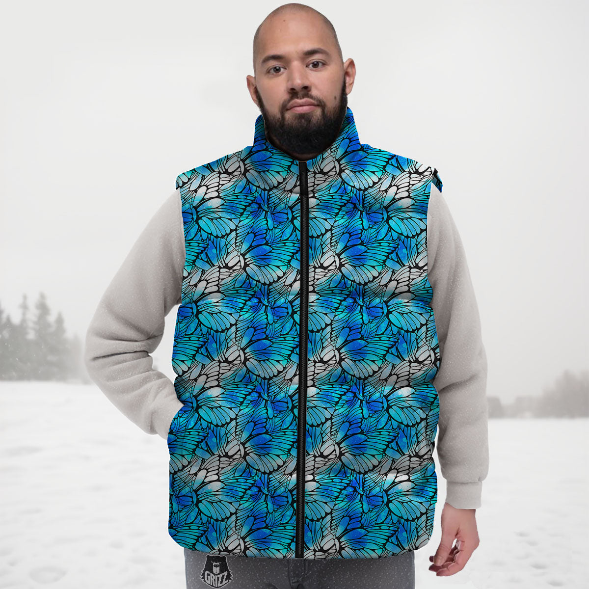 Butterfly Watercolor Blue Print Pattern Down Vest