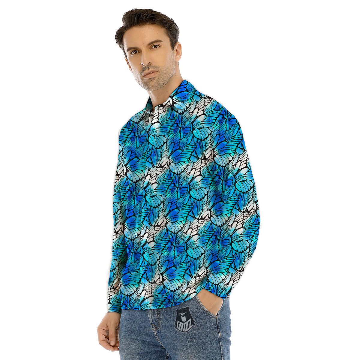 Butterfly Watercolor Blue Print Pattern Men's Dress Shirts-grizzshop