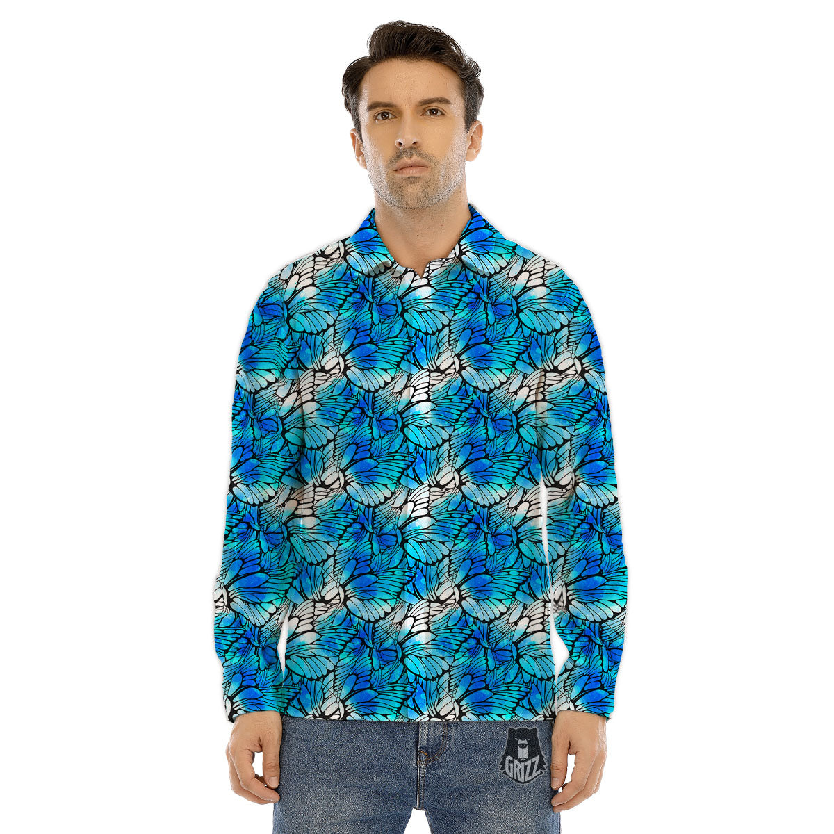 Butterfly Watercolor Blue Print Pattern Men's Dress Shirts-grizzshop