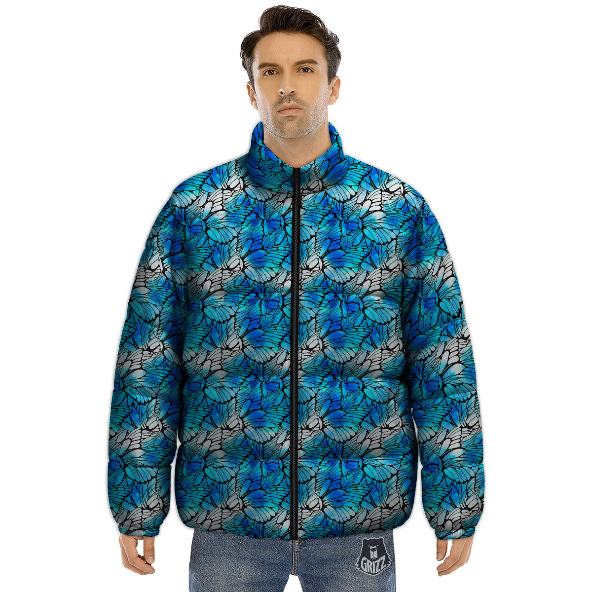 Butterfly Watercolor Blue Print Pattern Puffer Jacket-grizzshop