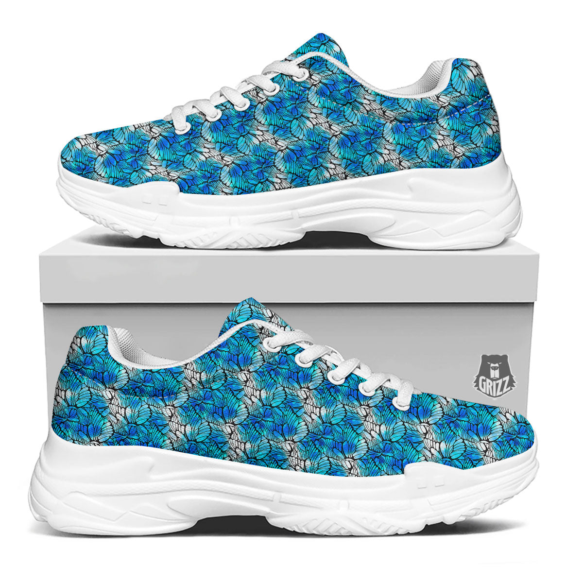 Butterfly Watercolor Blue Print Pattern White Chunky Shoes-grizzshop