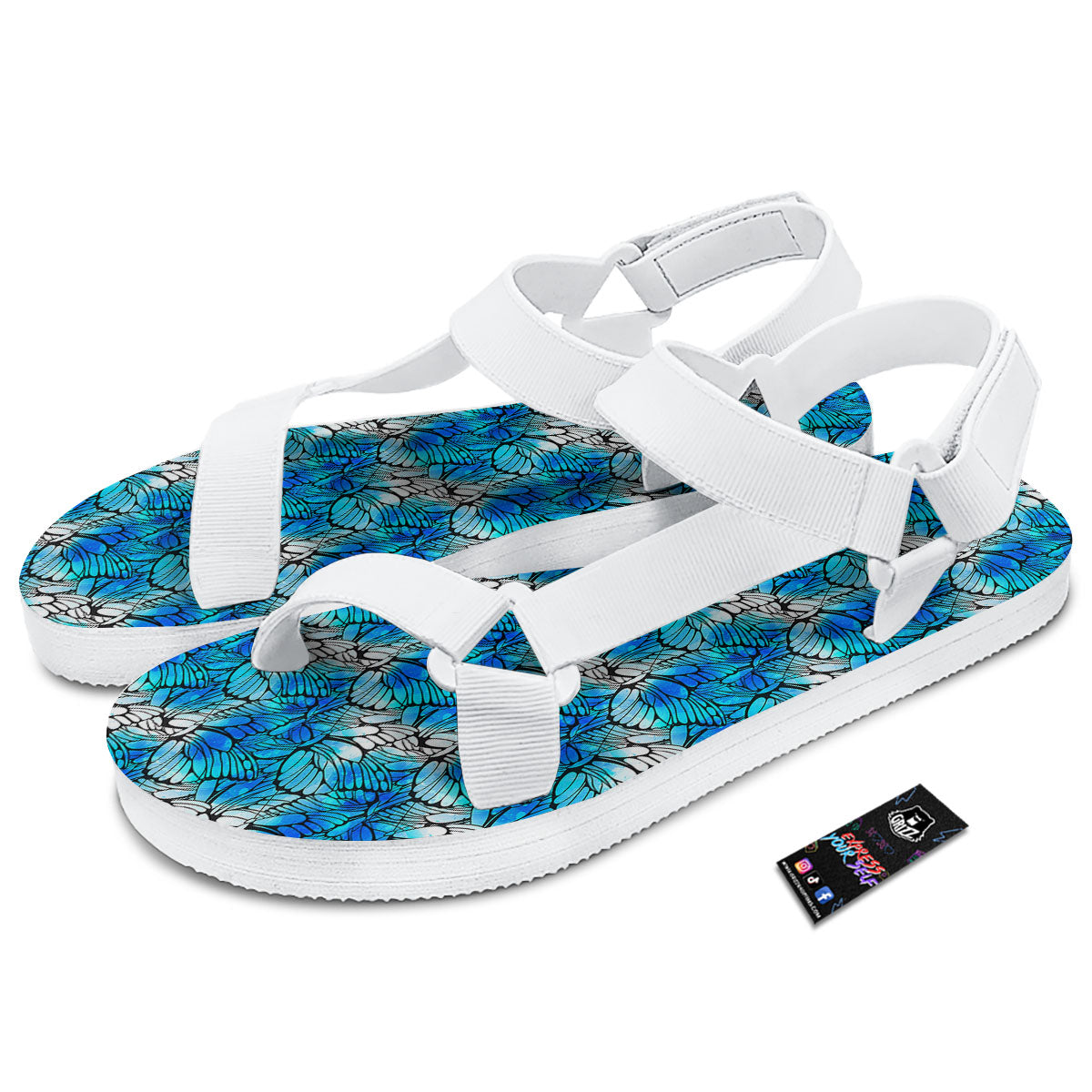 Butterfly Watercolor Blue Print Pattern White Open Toe Sandals-grizzshop