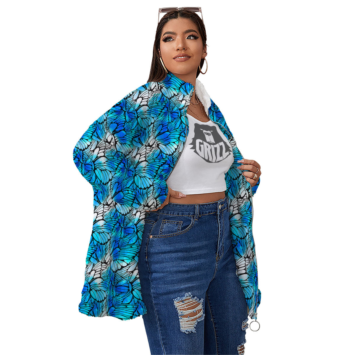 Butterfly Watercolor Blue Print Pattern Women's Sherpa Jacket-grizzshop
