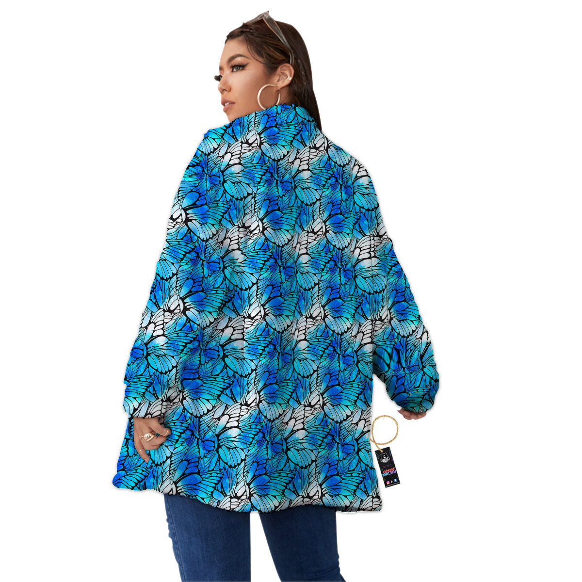 Butterfly Watercolor Blue Print Pattern Women's Sherpa Jacket-grizzshop