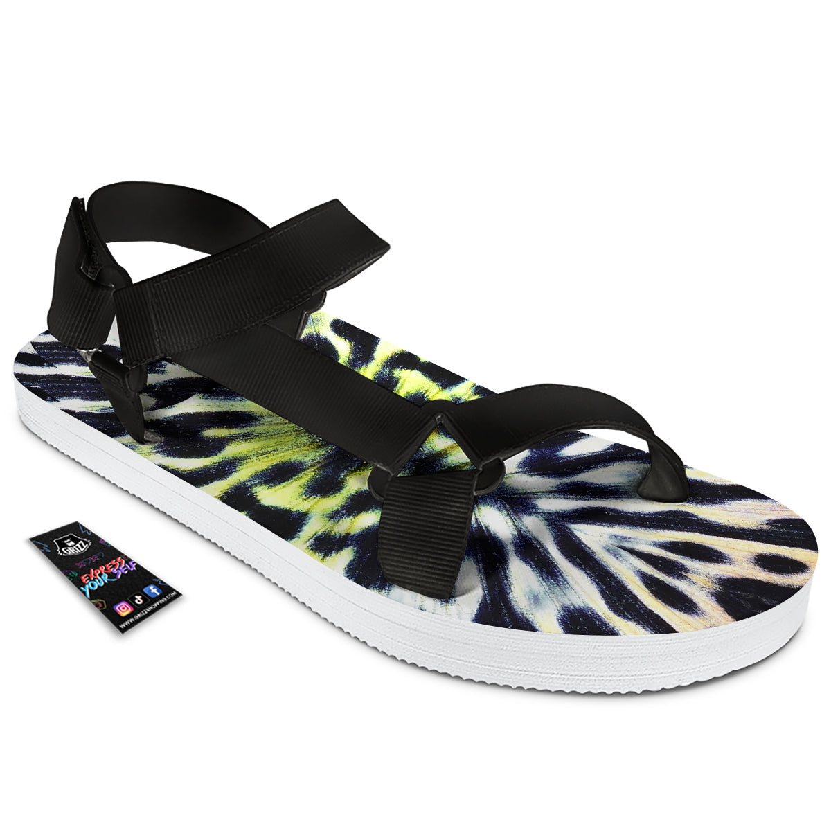 Butterfly Wing Skin Black White And Green Print Black Open Toe Sandals-grizzshop