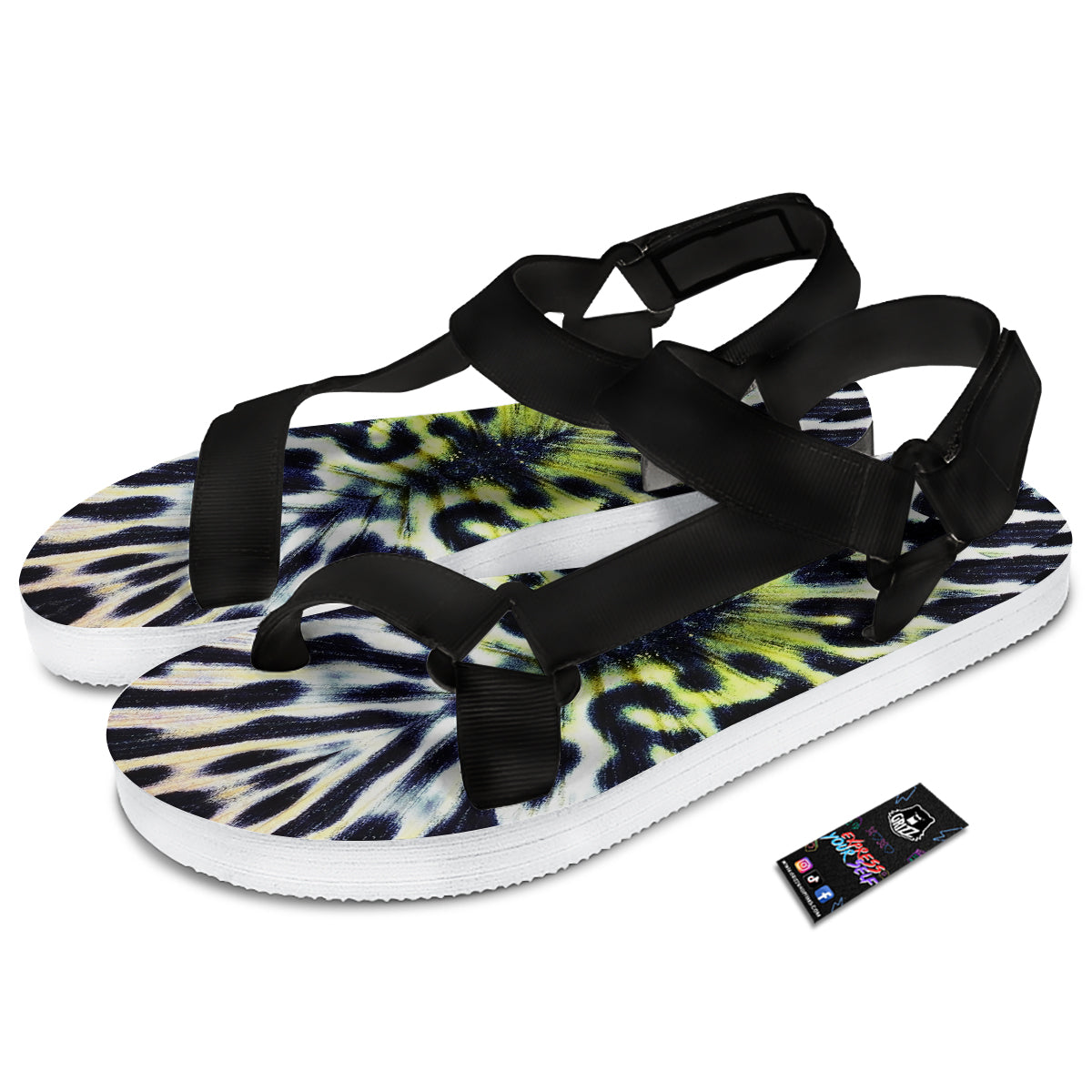 Butterfly Wing Skin Black White And Green Print Black Open Toe Sandals-grizzshop
