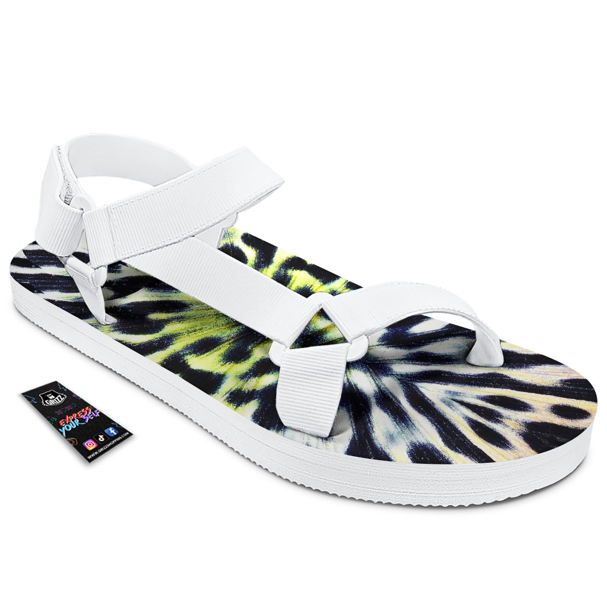 Butterfly Wing Skin Black White And Green Print White Open Toe Sandals-grizzshop