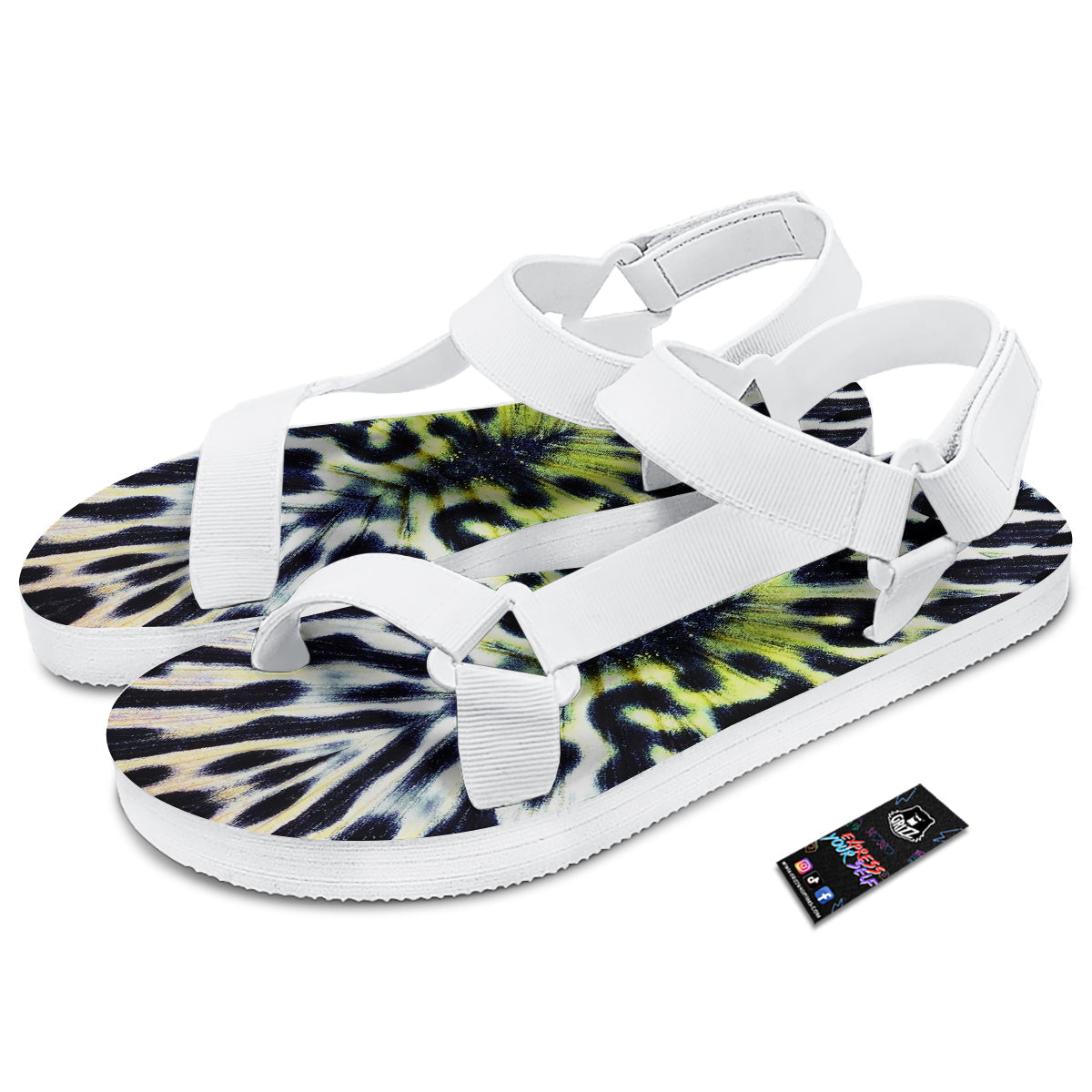 Butterfly Wing Skin Black White And Green Print White Open Toe Sandals-grizzshop