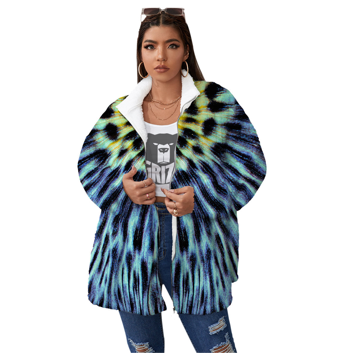 Butterfly Wing Skin Blue Print Women's Sherpa Jacket-grizzshop