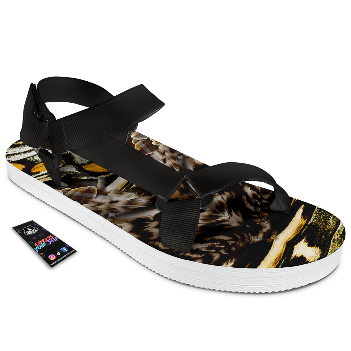 Butterfly Wing Skin Dark And Orange Print Black Open Toe Sandals-grizzshop