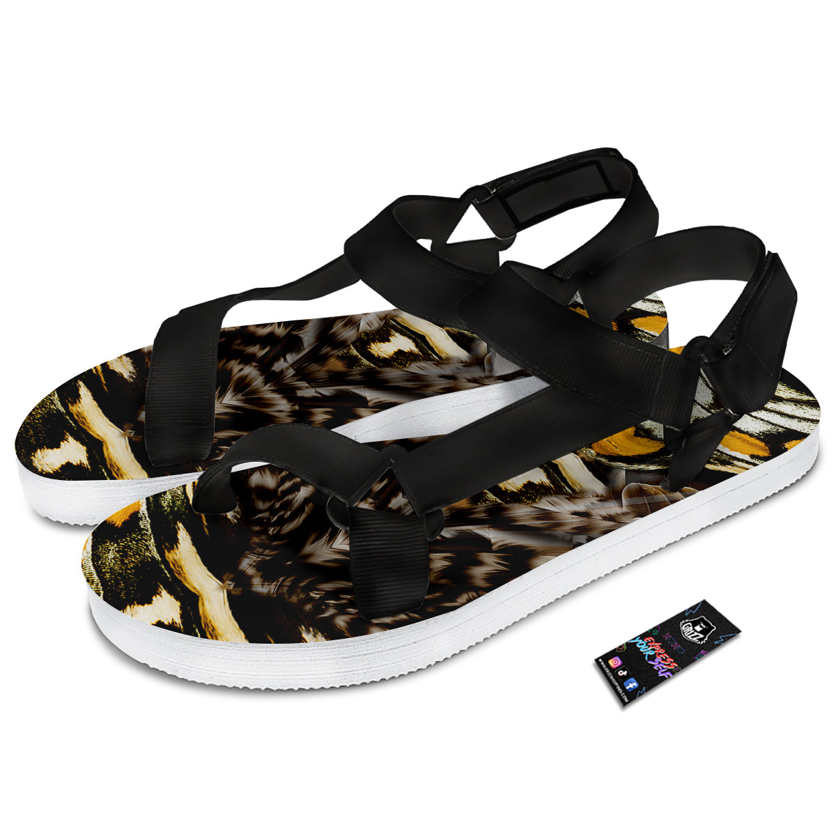 Butterfly Wing Skin Dark And Orange Print Black Open Toe Sandals-grizzshop