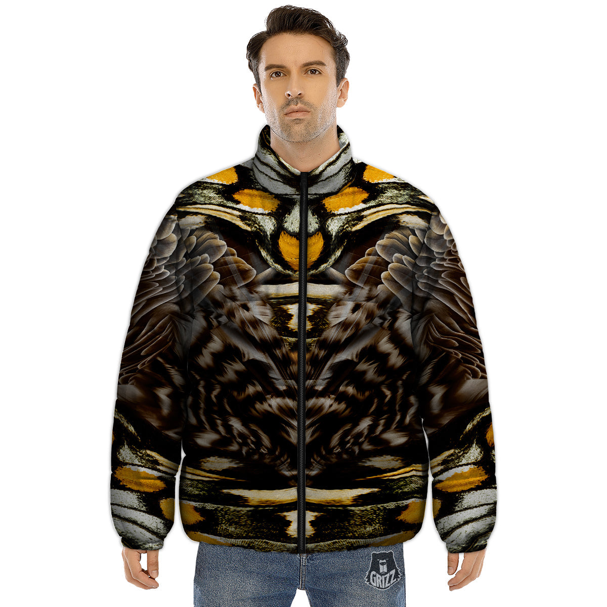 Butterfly Wing Skin Dark And Orange Print Puffer Jacket-grizzshop