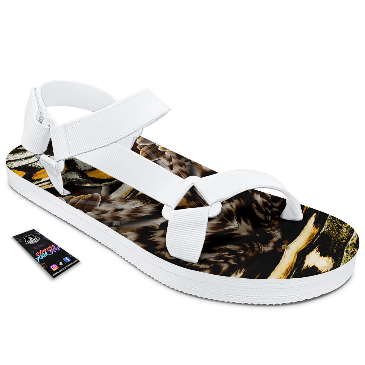 Butterfly Wing Skin Dark And Orange Print White Open Toe Sandals-grizzshop