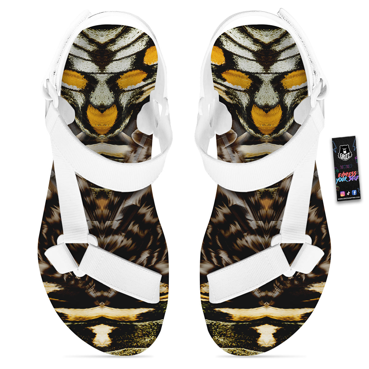 Butterfly Wing Skin Dark And Orange Print White Open Toe Sandals-grizzshop