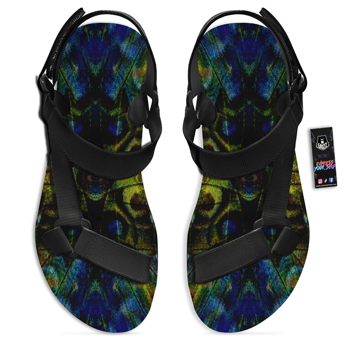 Butterfly Wing Skin Dark Print Black Open Toe Sandals-grizzshop