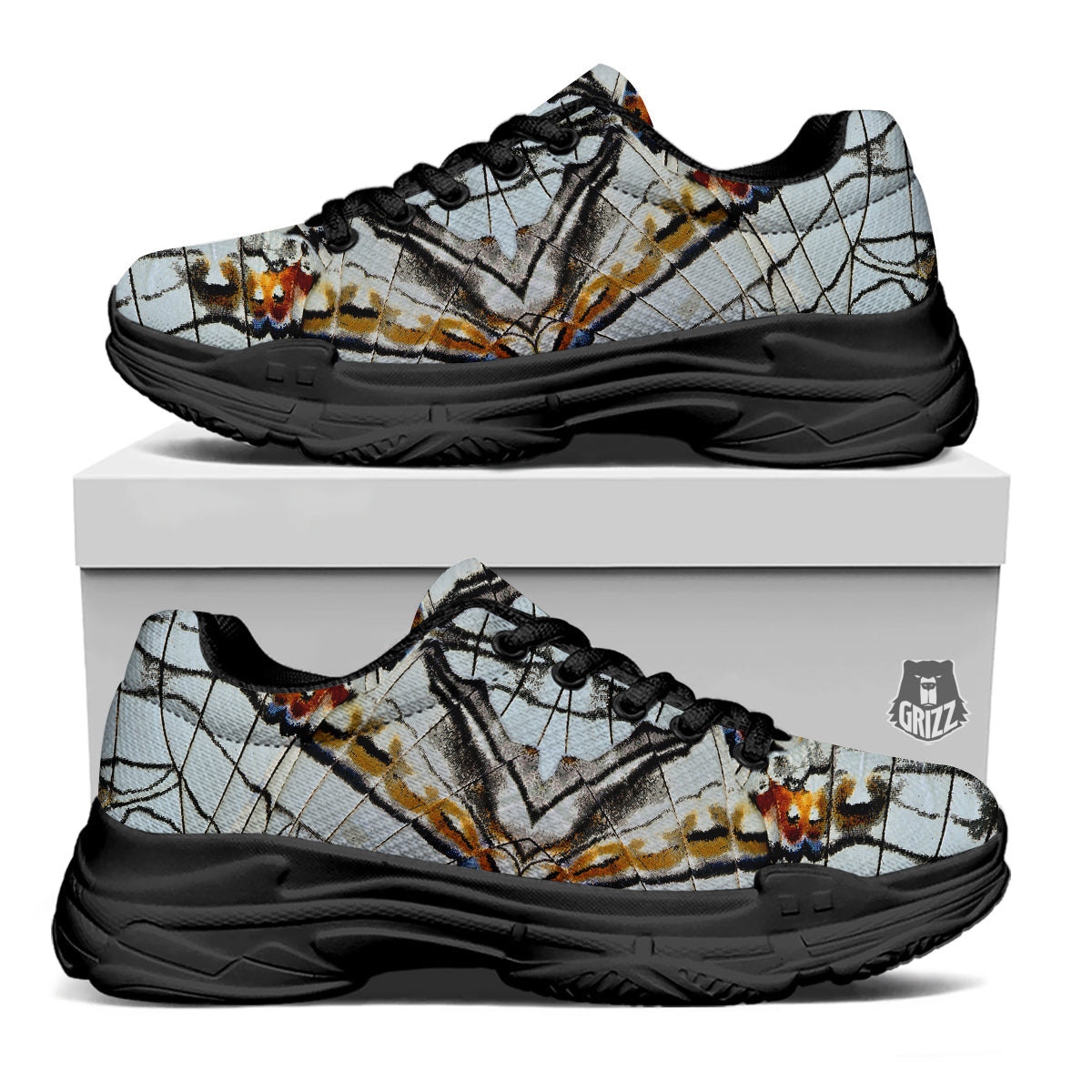 Butterfly Wing Skin Grey Print Black Chunky Shoes-grizzshop