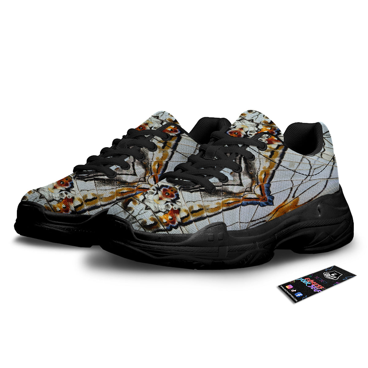 Butterfly Wing Skin Grey Print Black Chunky Shoes-grizzshop