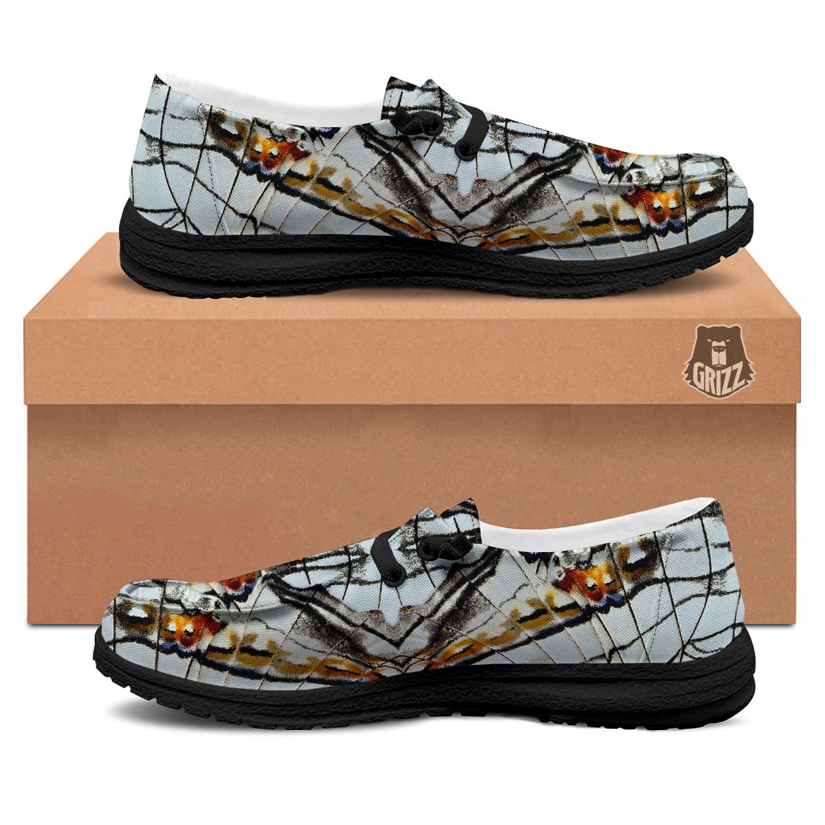 Butterfly Wing Skin Grey Print Black Loafers-grizzshop