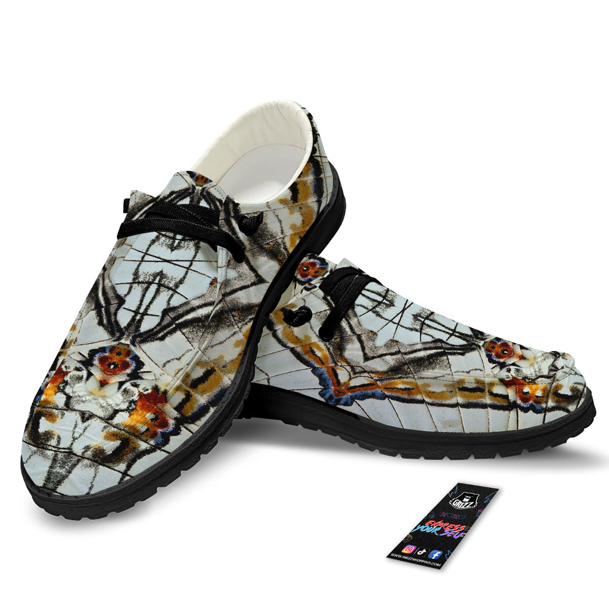Butterfly Wing Skin Grey Print Black Loafers-grizzshop