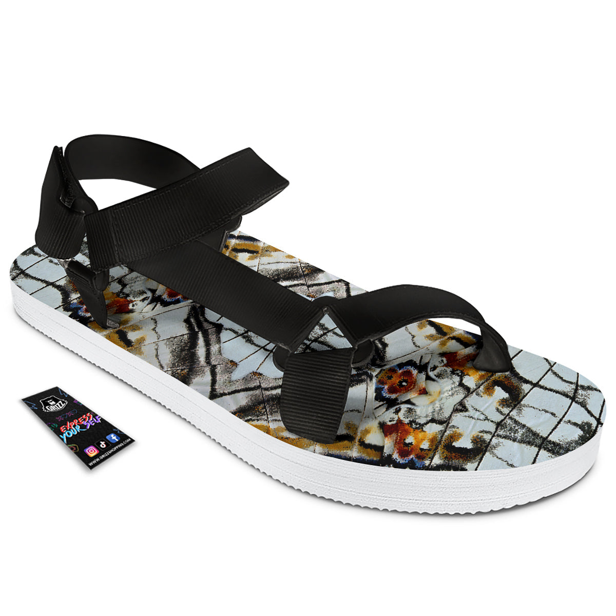 Butterfly Wing Skin Grey Print Black Open Toe Sandals-grizzshop