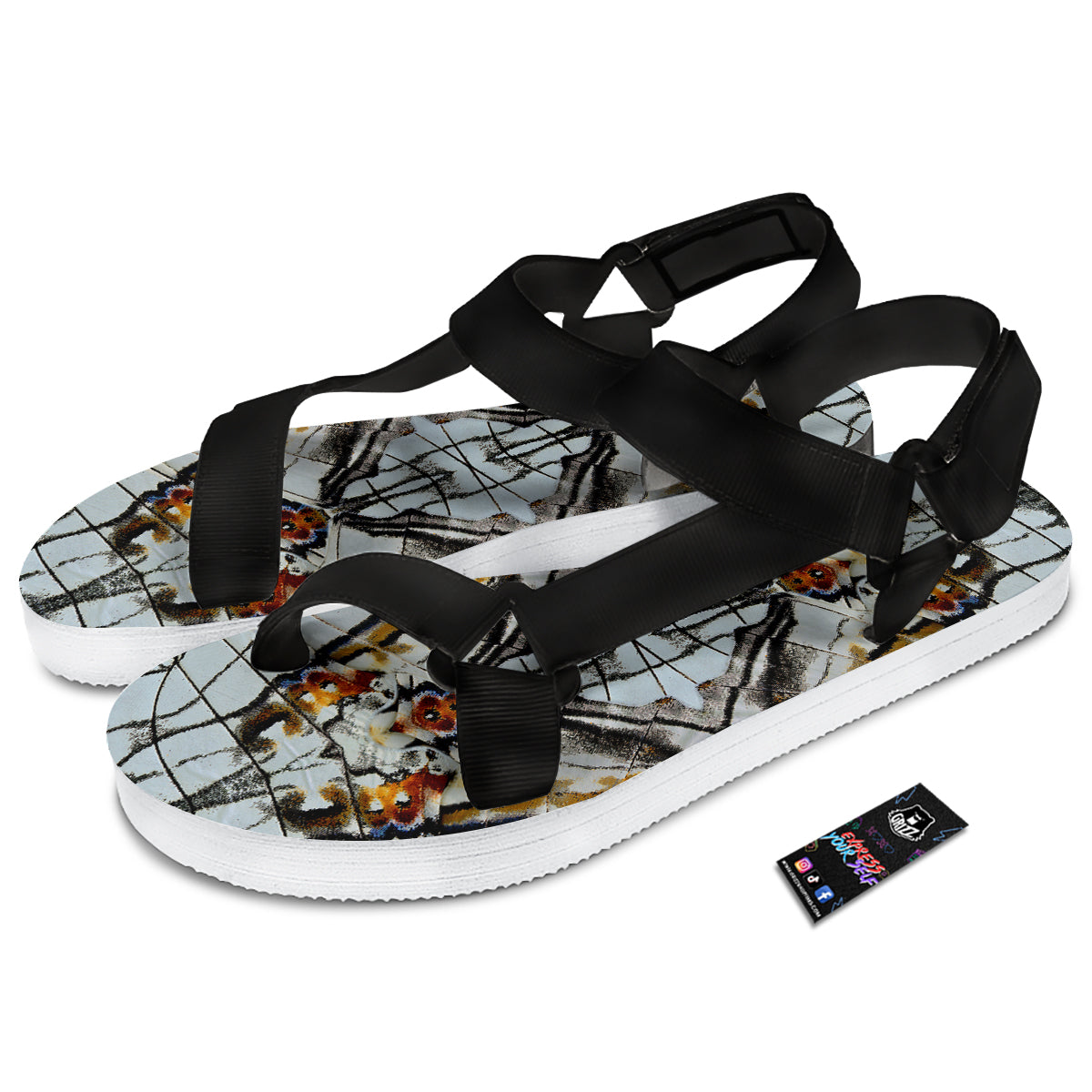 Butterfly Wing Skin Grey Print Black Open Toe Sandals-grizzshop