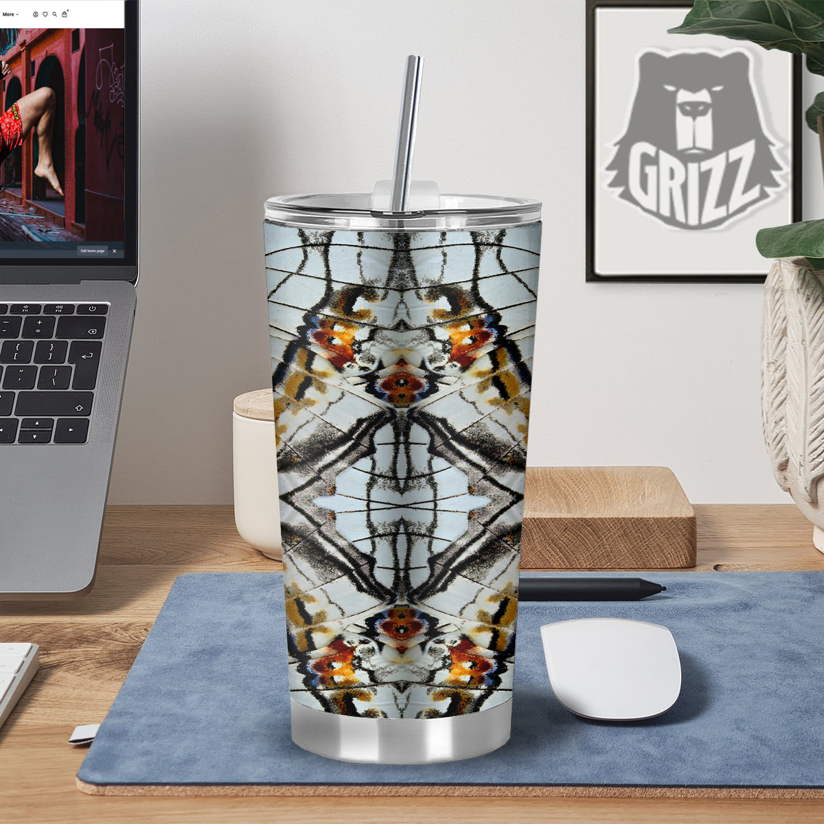 Butterfly Wing Skin Grey Print Tumbler-grizzshop