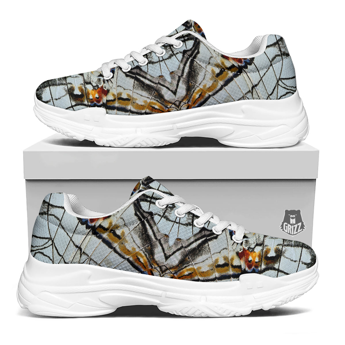 Butterfly Wing Skin Grey Print White Chunky Shoes-grizzshop