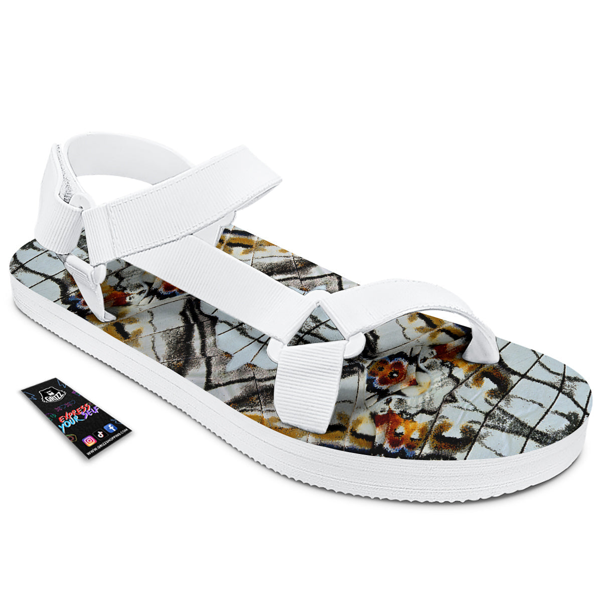 Butterfly Wing Skin Grey Print White Open Toe Sandals-grizzshop