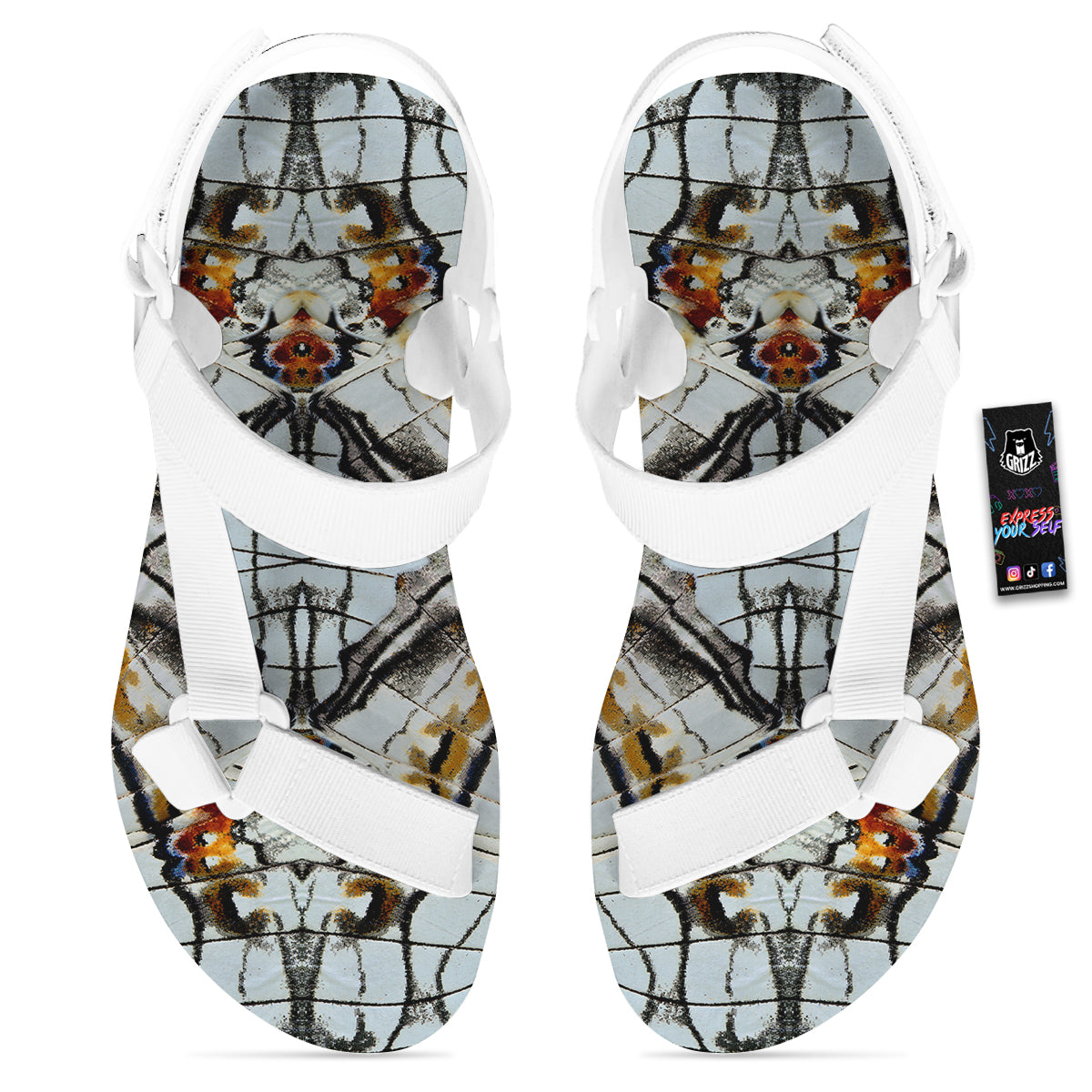 Butterfly Wing Skin Grey Print White Open Toe Sandals-grizzshop
