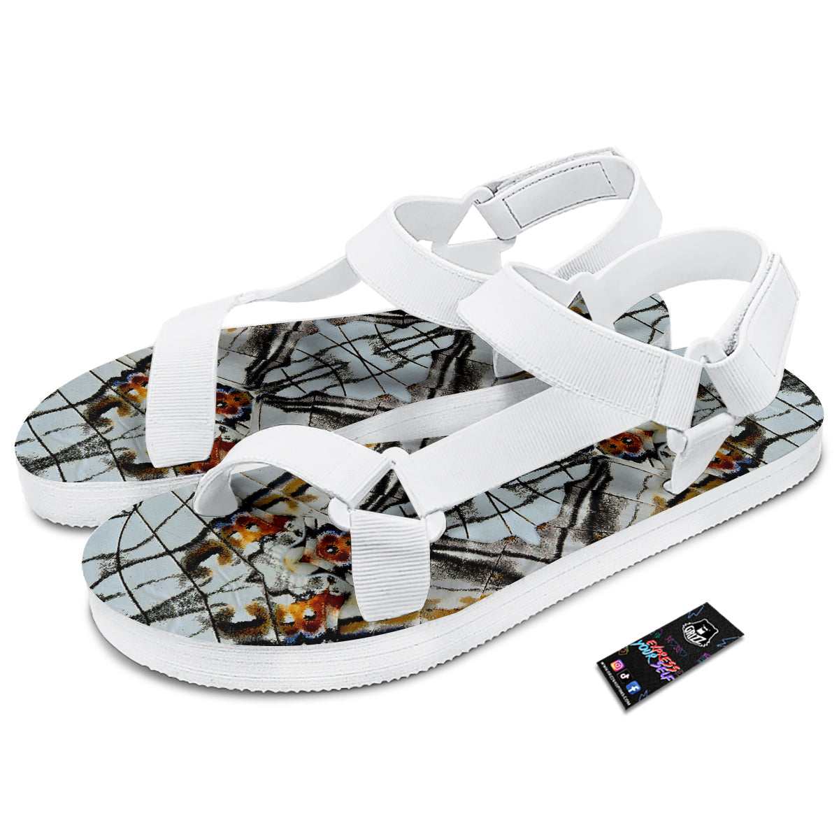 Butterfly Wing Skin Grey Print White Open Toe Sandals-grizzshop