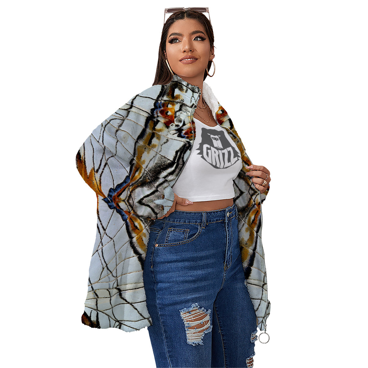 Butterfly Wing Skin Grey Print Women's Sherpa Jacket-grizzshop