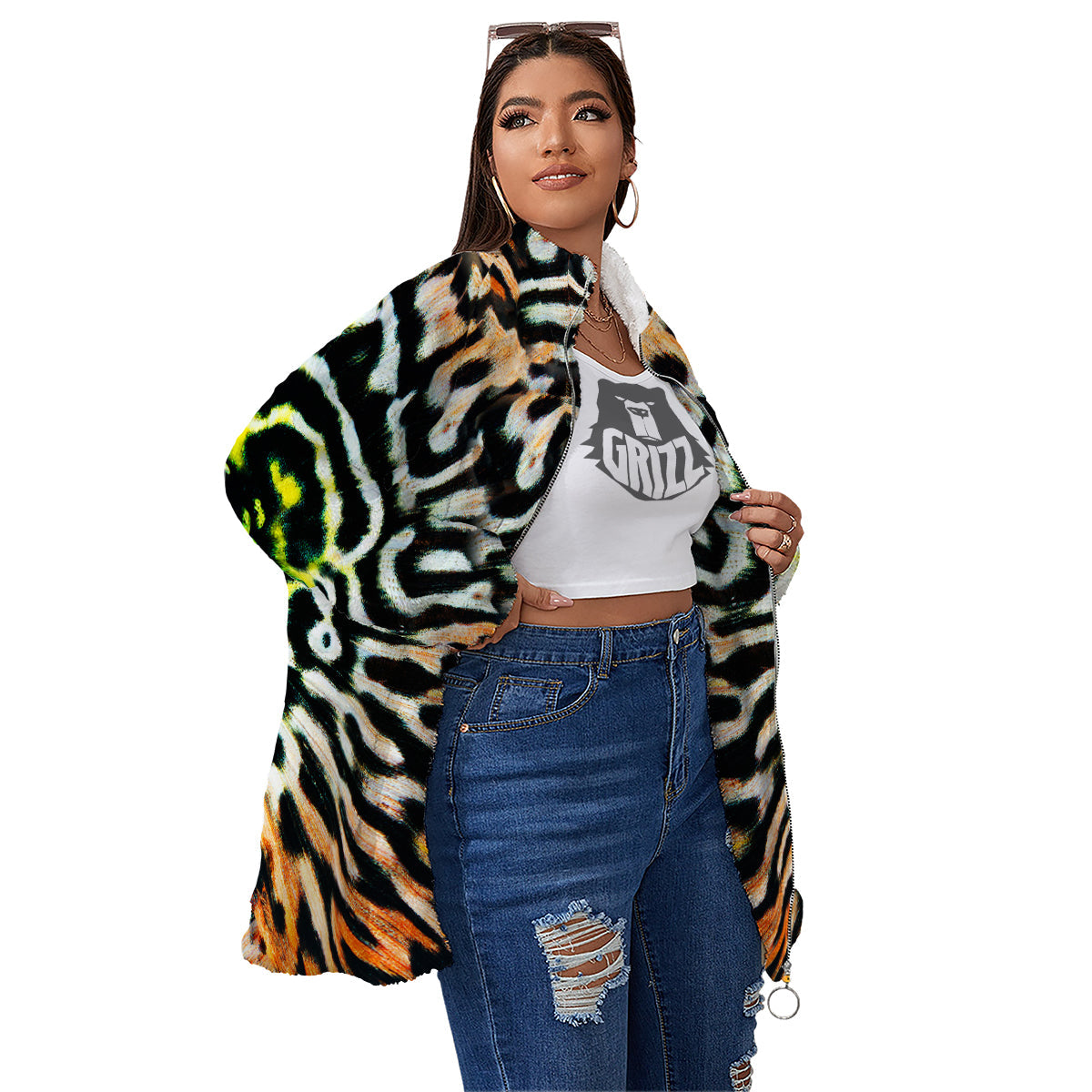 Butterfly Wing Skin Orage Print Women's Sherpa Jacket-grizzshop