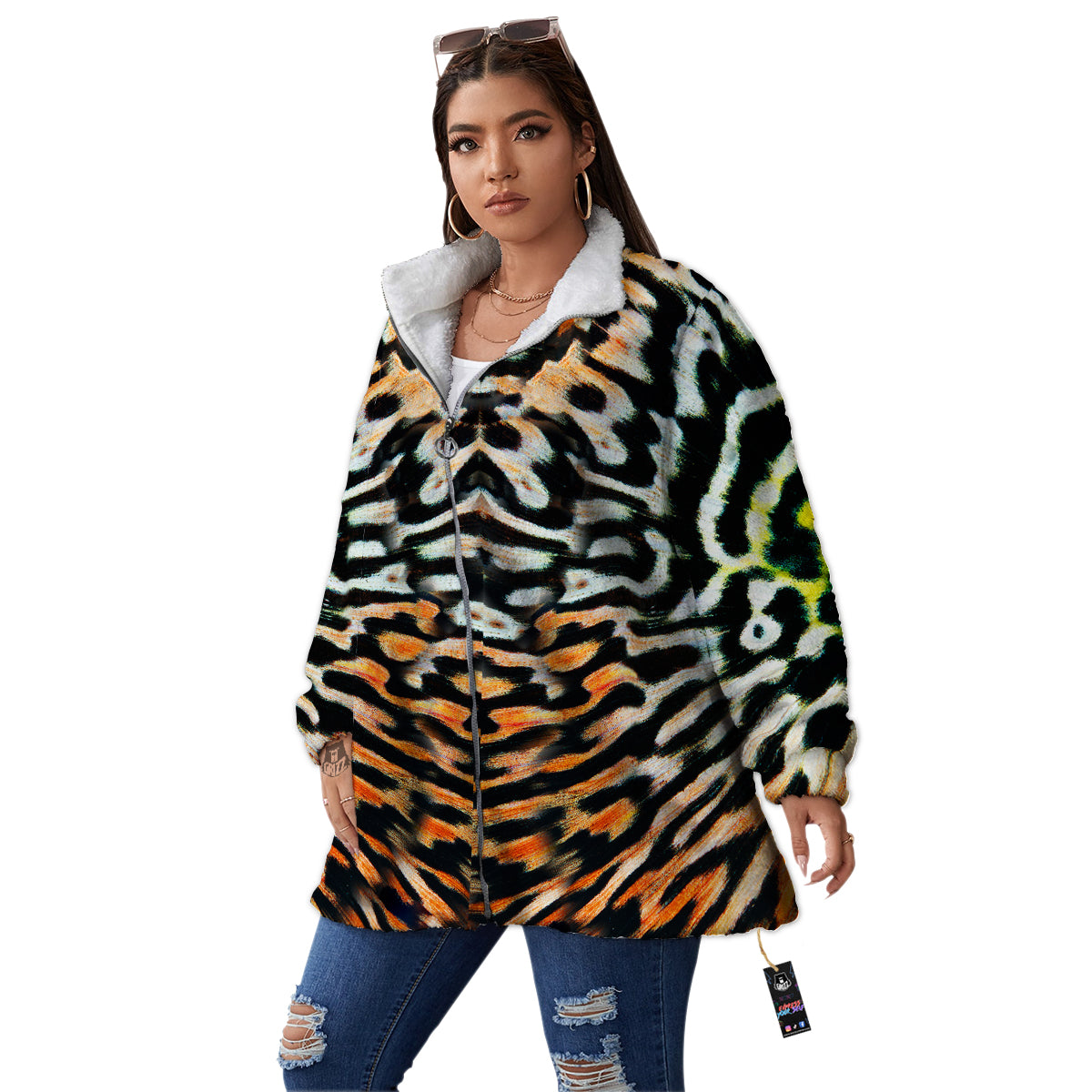 Butterfly Wing Skin Orage Print Women's Sherpa Jacket-grizzshop