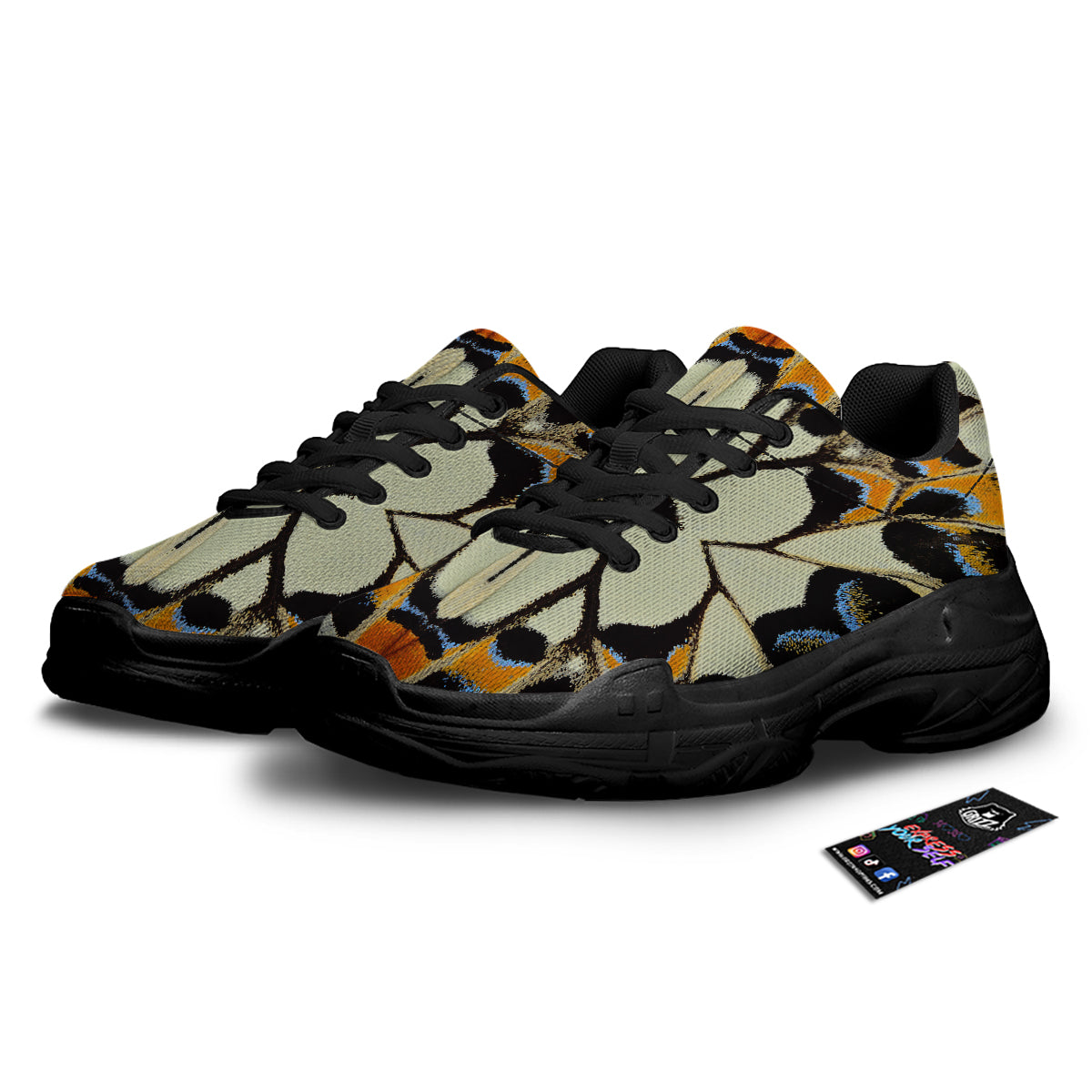 Butterfly Wing Skin White Orange Print Black Chunky Shoes-grizzshop