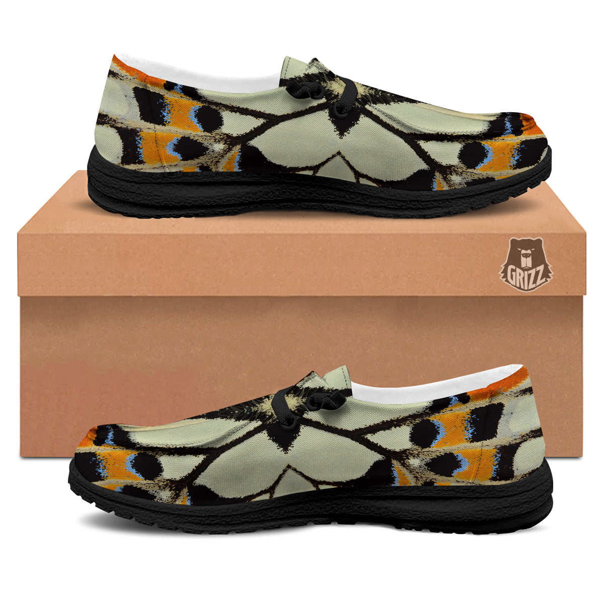 Butterfly Wing Skin White Orange Print Black Loafers-grizzshop