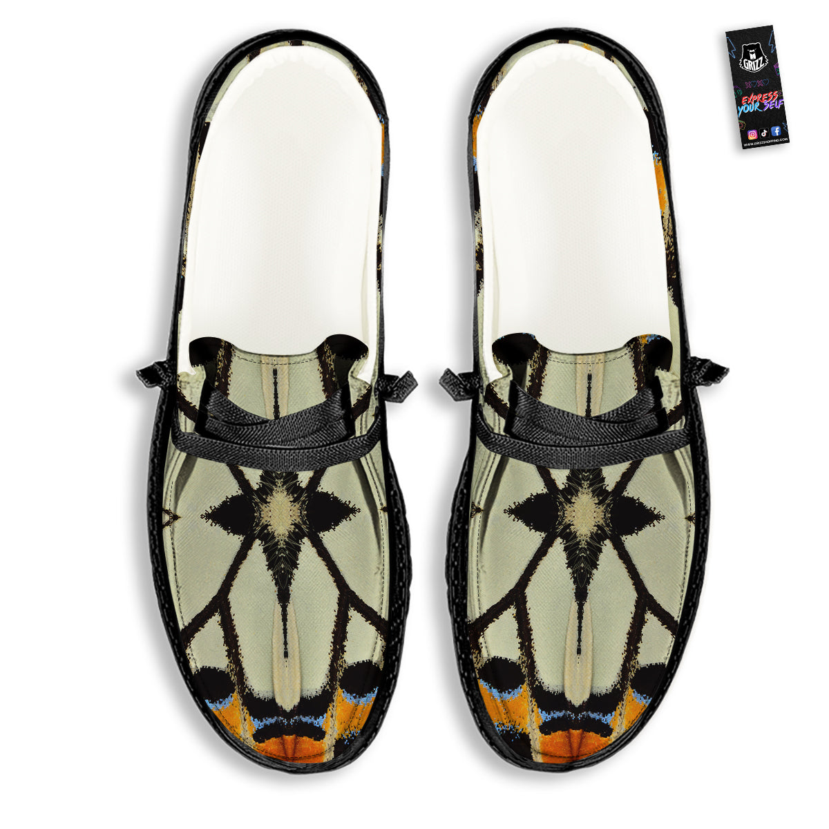 Butterfly Wing Skin White Orange Print Black Loafers-grizzshop