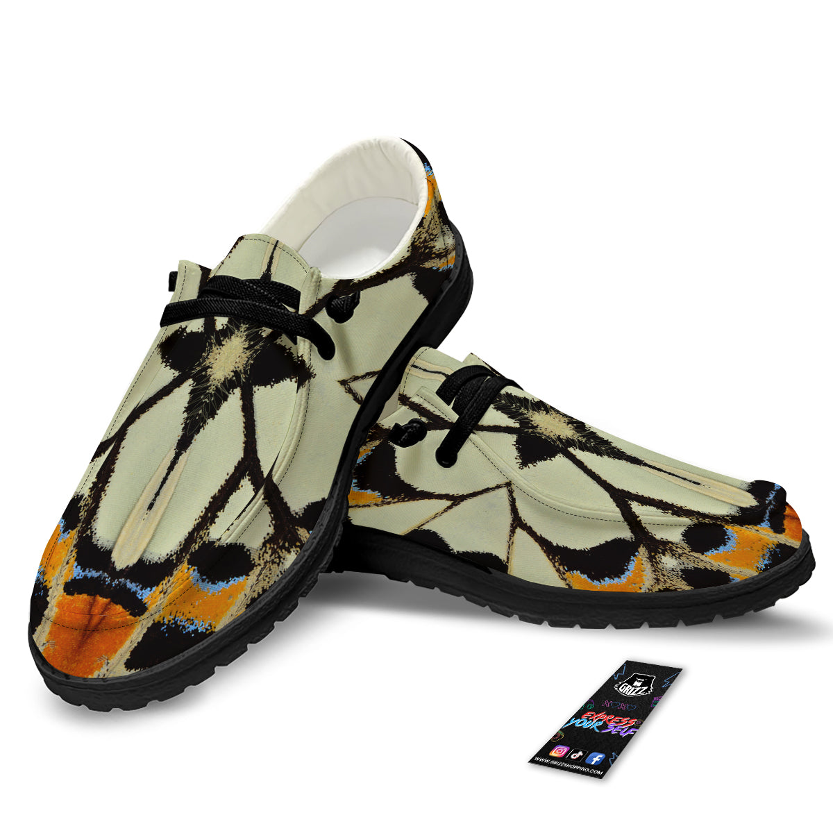 Butterfly Wing Skin White Orange Print Black Loafers-grizzshop