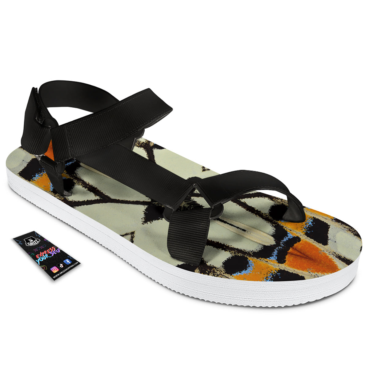 Butterfly Wing Skin White Orange Print Black Open Toe Sandals-grizzshop