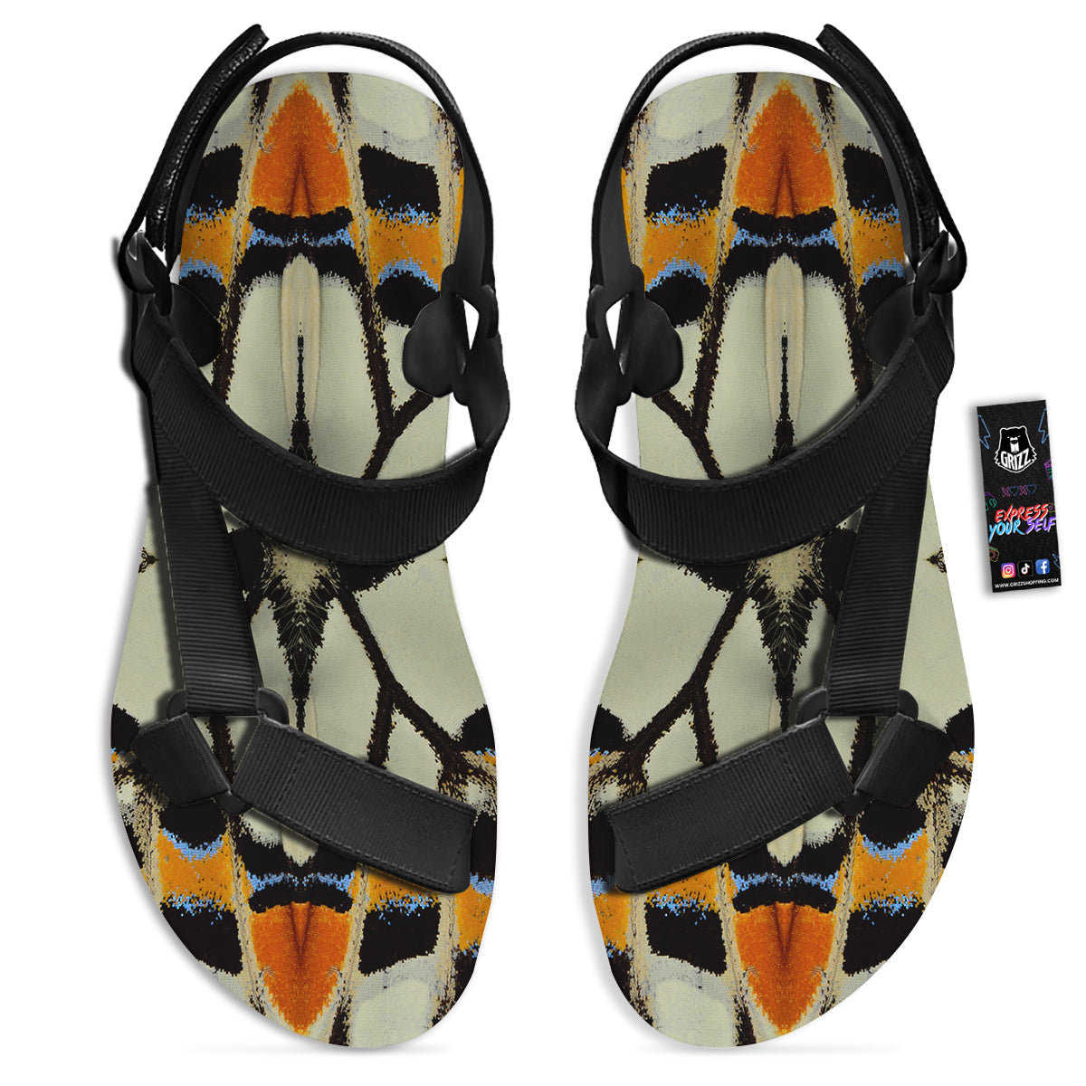 Butterfly Wing Skin White Orange Print Black Open Toe Sandals-grizzshop
