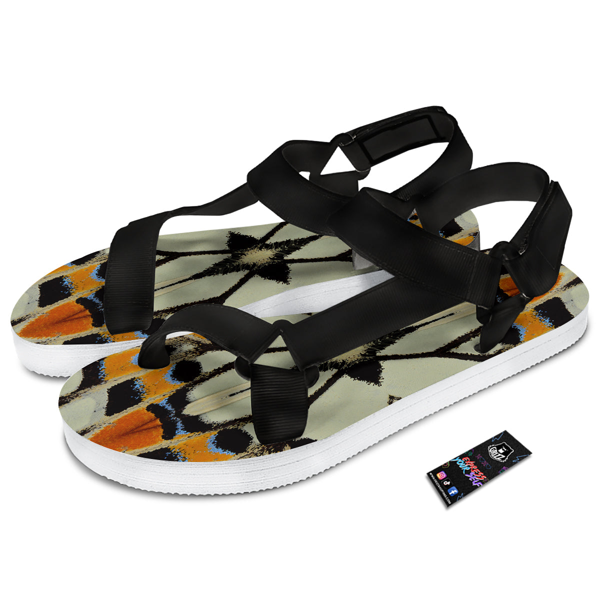 Butterfly Wing Skin White Orange Print Black Open Toe Sandals-grizzshop