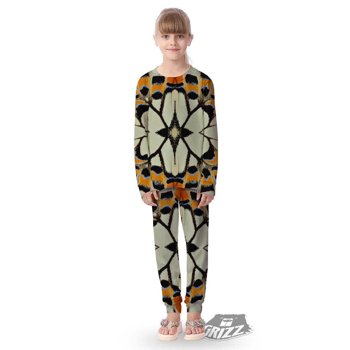 Butterfly Wing Skin White Orange Print Kid's Pajamas-grizzshop