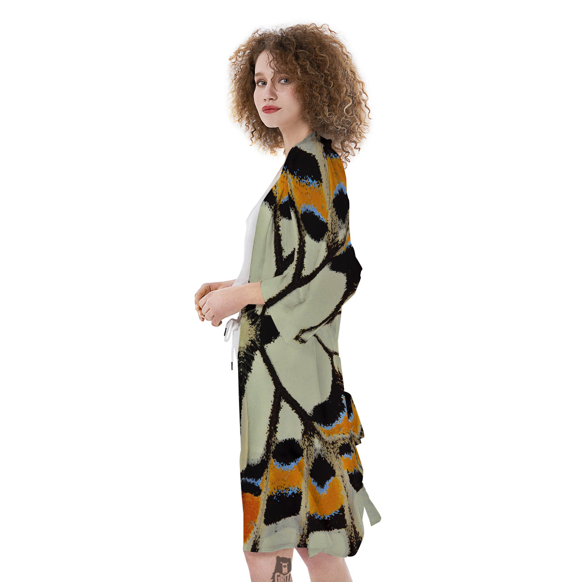 Butterfly Wing Skin White Orange Print Kimono-grizzshop