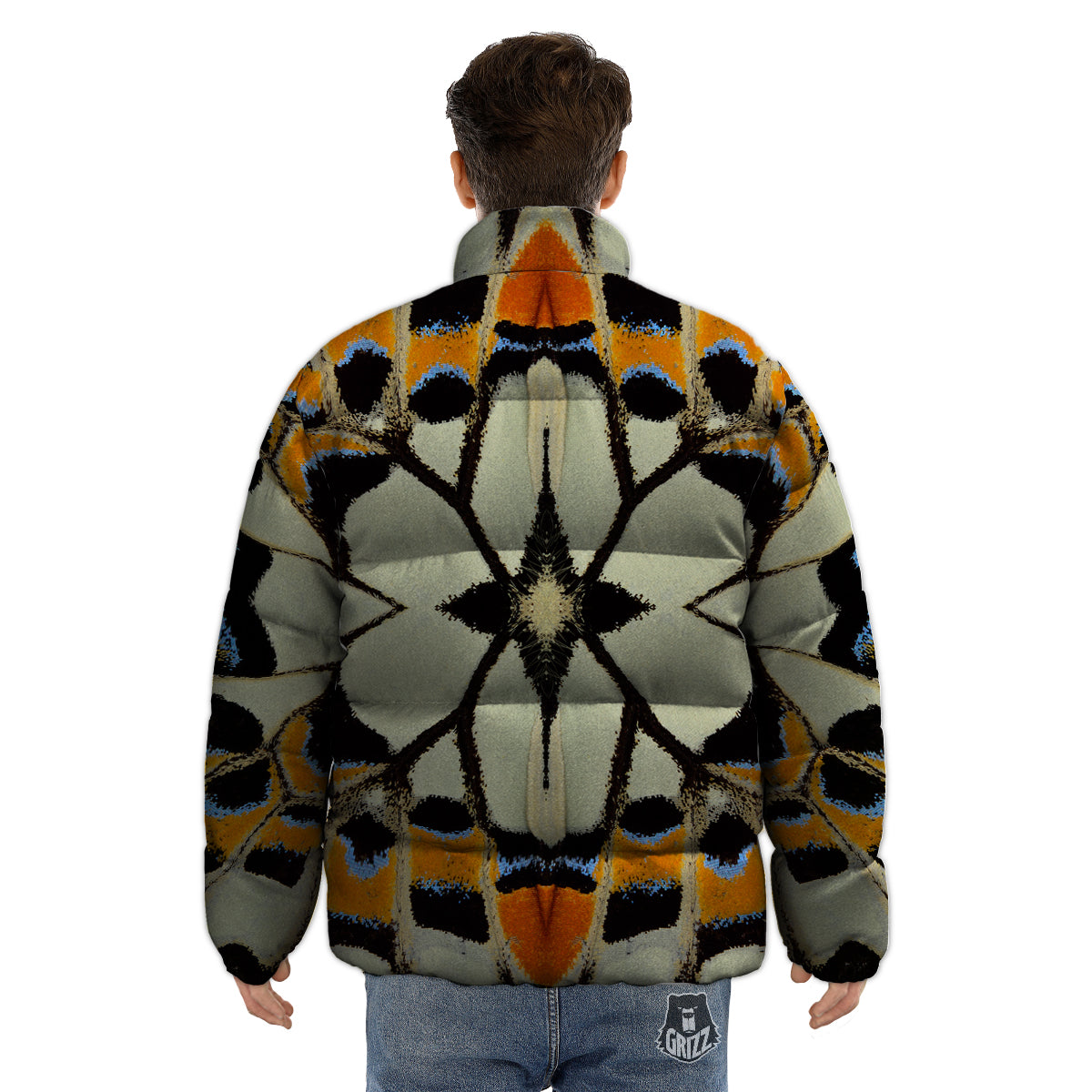 Butterfly Wing Skin White Orange Print Puffer Jacket-grizzshop