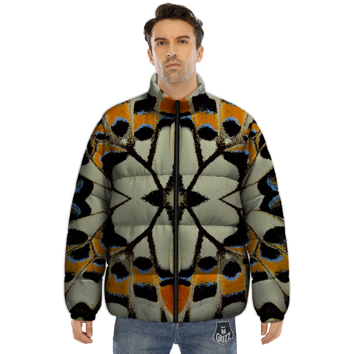 Butterfly Wing Skin White Orange Print Puffer Jacket-grizzshop